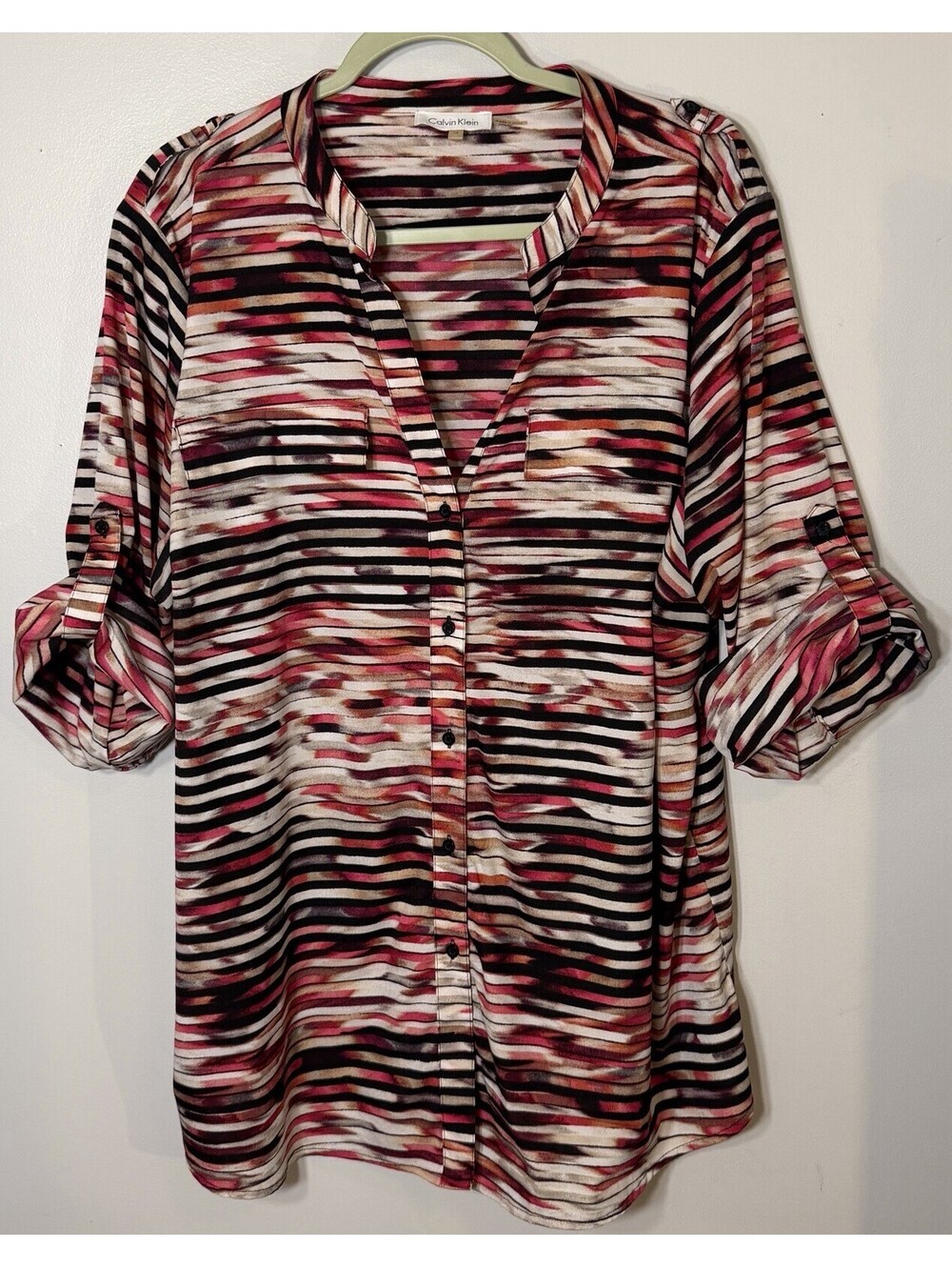 Calvin Klein  1X Blouse Top Red Black Stripe Abstract Roll Tab Sleeve V Neck 1X